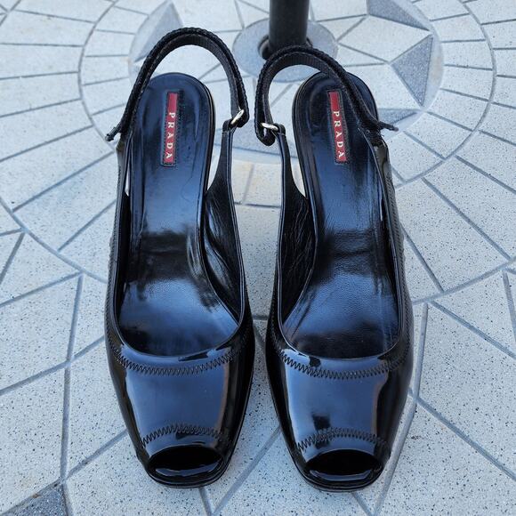Prada Black Sport Patent Leather Peep Toe Wedge Slingback Sandals 41 - Picture 5 of 13